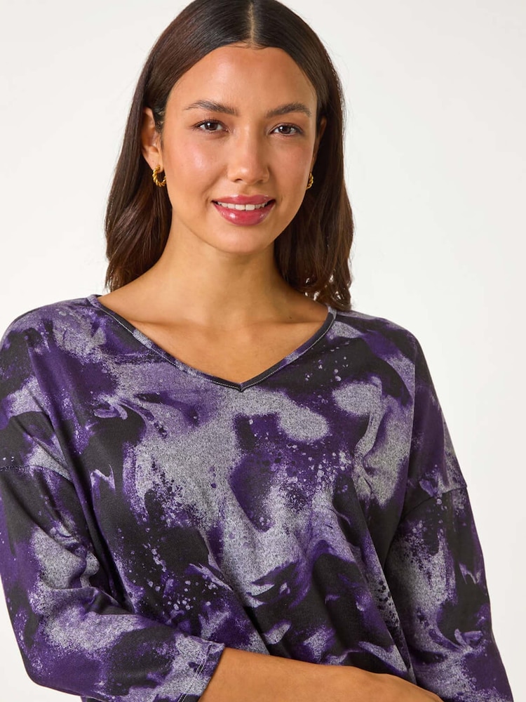 Roman Purple V-Neck Abstract Print Top - Image 1 of 5