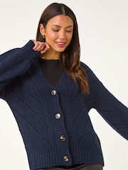 Roman Blue Stitch Detail Boucle Knit Cardigan - Image 1 of 5