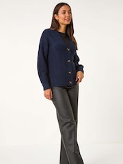 Roman Blue Stitch Detail Boucle Knit Cardigan - Image 2 of 5