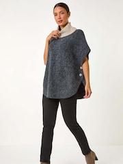 Roman Black Contrast Roll Neck Button Knit Poncho - Image 1 of 7