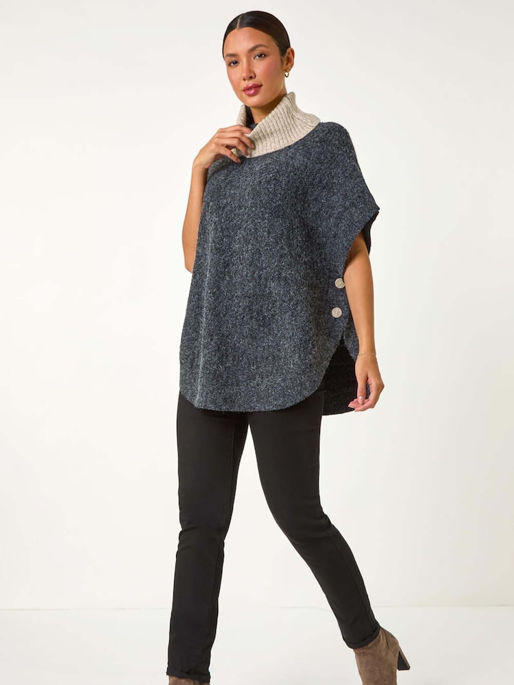 Roman Black Contrast Roll Neck Button Knit Poncho - Image 1 of 7