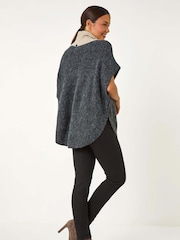 Roman Black Contrast Roll Neck Button Knit Poncho - Image 4 of 7