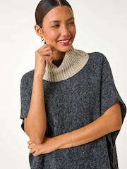 Roman Black Contrast Roll Neck Button Knit Poncho - Image 5 of 7