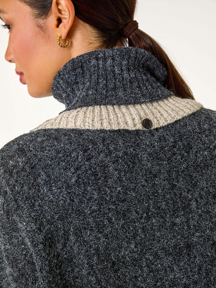 Roman Black Contrast Roll Neck Button Knit Poncho - Image 6 of 7