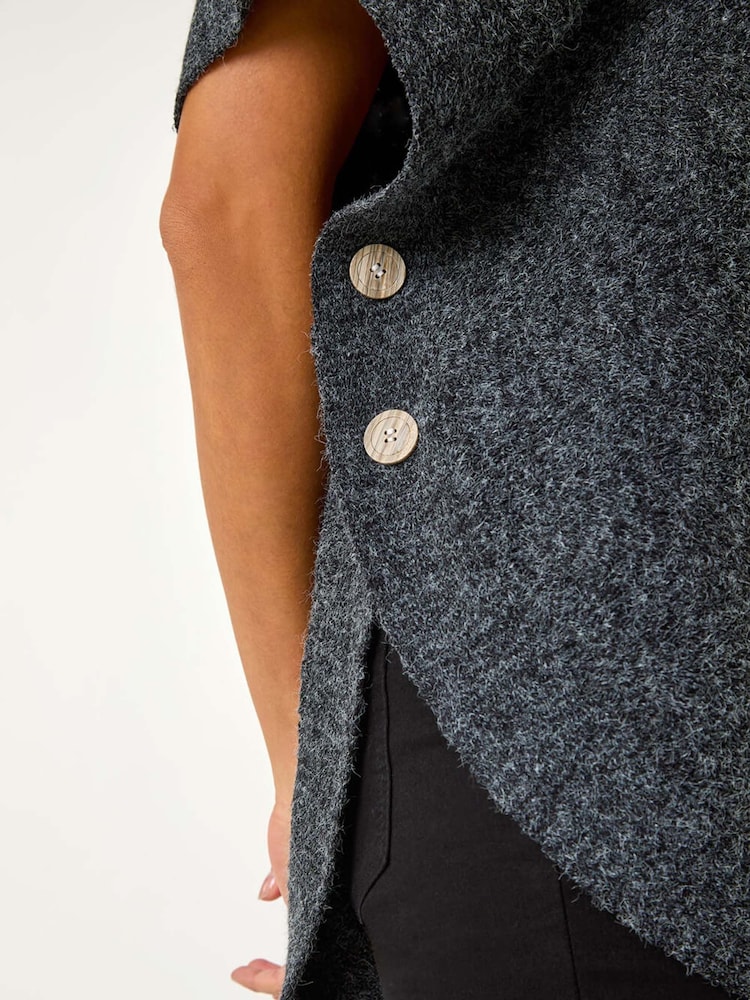 Roman Black Contrast Roll Neck Button Knit Poncho - Image 7 of 7