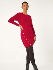 Roman Red Side Button Detail Knitted Dress - Image 1 of 5