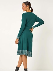 Roman Green Ribbed Stretch Knit Border Print Dress - Image 3 of 5