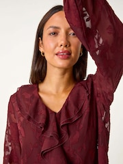 Roman Red Floral Print Ruffle Burnout Top - Image 1 of 5