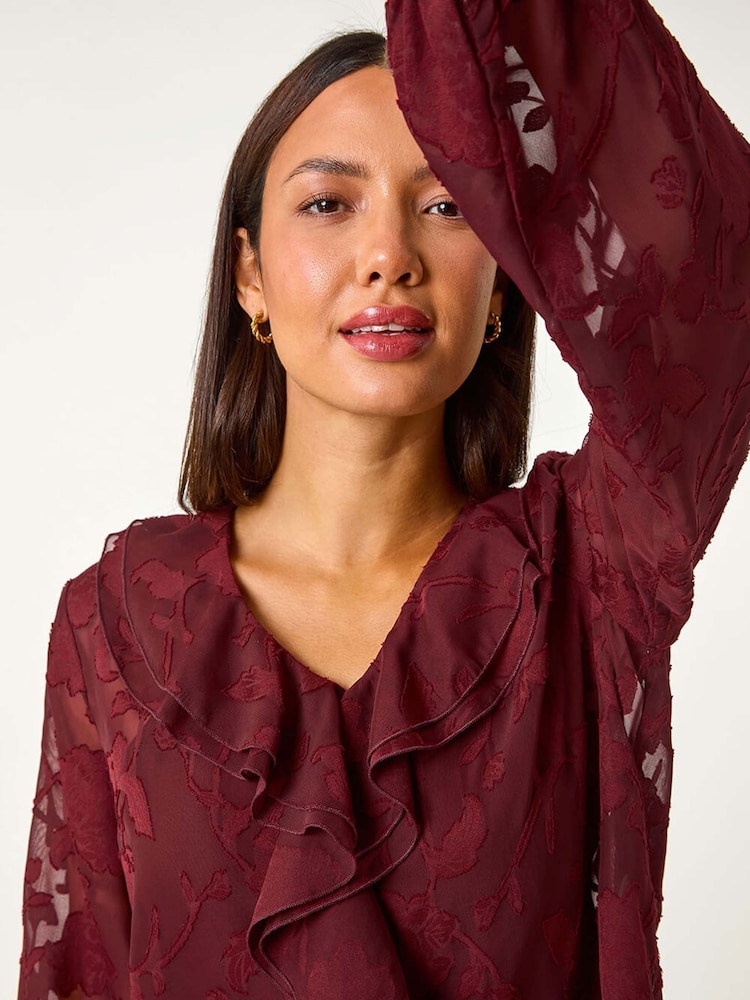 Roman Red Floral Print Ruffle Burnout Top - Image 1 of 5