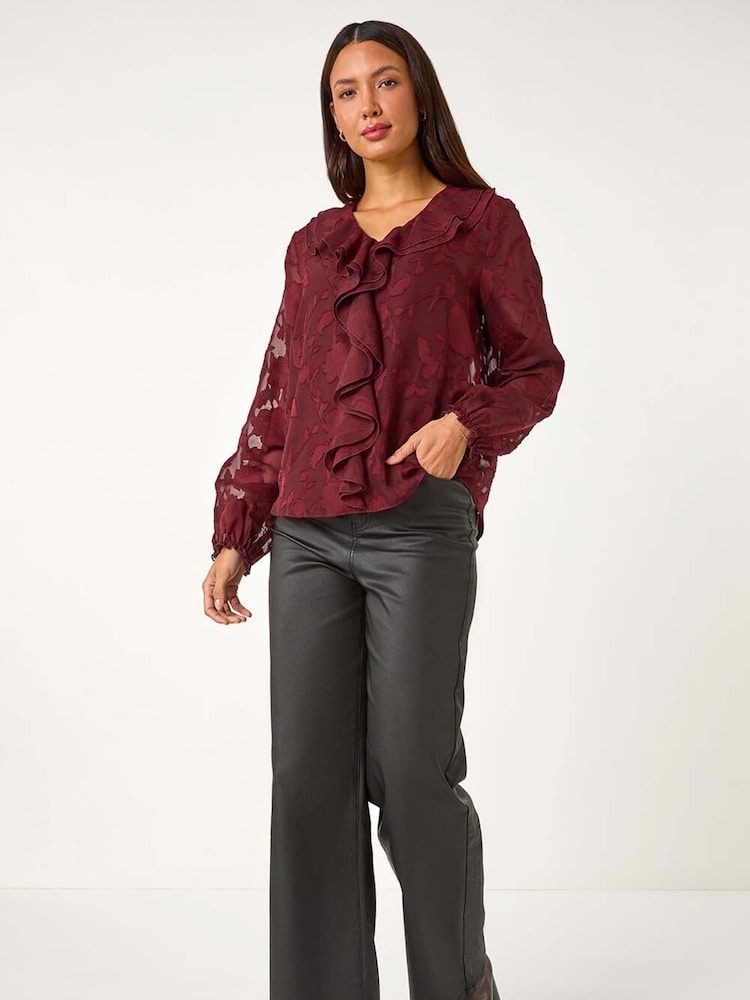 Roman Red Floral Print Ruffle Burnout Top - Image 2 of 5