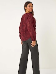 Roman Red Floral Print Ruffle Burnout Top - Image 3 of 5