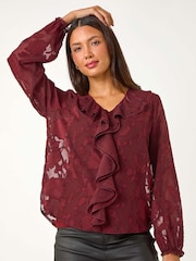 Roman Red Floral Print Ruffle Burnout Top - Image 4 of 5