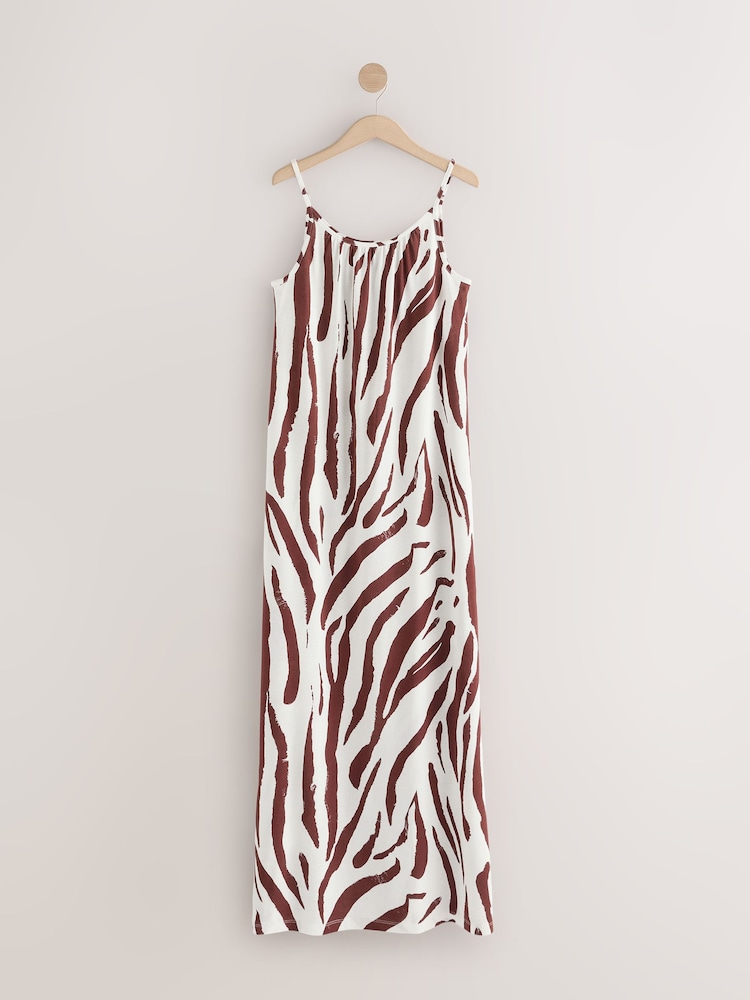 Brown/White Zebra Maxi Length Trapeze Shape Ruched Neckline Thin Vest Strap Dress - Image 1 of 3