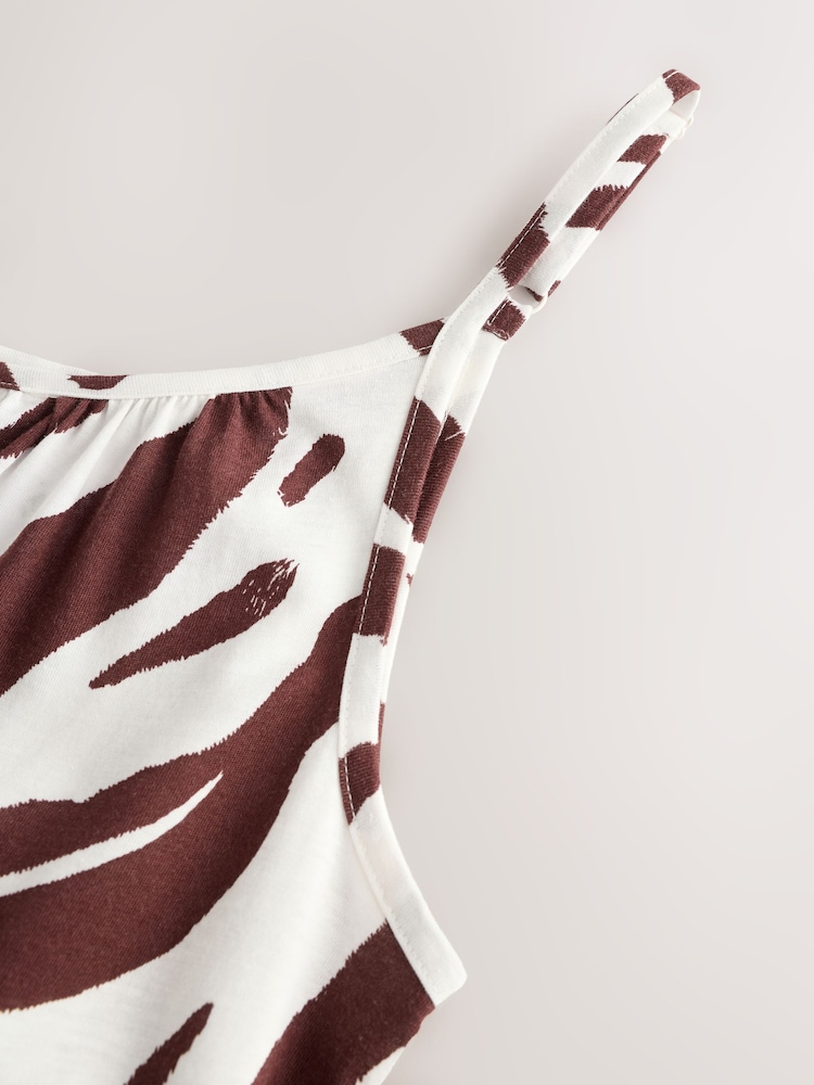 Brown/White Zebra Maxi Length Trapeze Shape Ruched Neckline Thin Vest Strap Dress - Image 3 of 3 Brown/White Zebra Maxi Length Trapeze Shape Ruched Neckline Thin Vest Strap Dress - Image 3 of 3