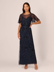 Adrianna Papell Blue Bead Blouson Long Dress - Image 1 of 7