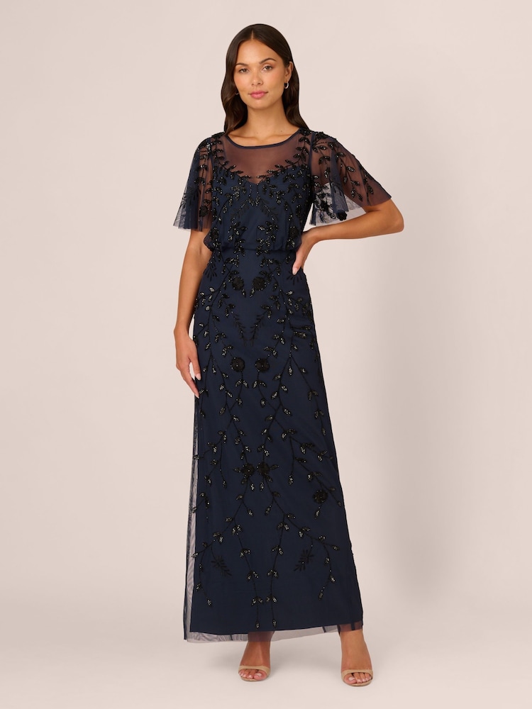 Adrianna Papell Blue Bead Blouson Long Dress - Image 1 of 7