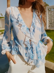 Friends Like These Blue Long Sleeve Ruffle Front Blouse - Image 1 of 5