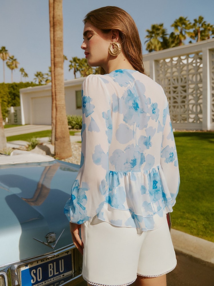Friends Like These Blue Long Sleeve Ruffle Front Blouse - Image 4 of 5