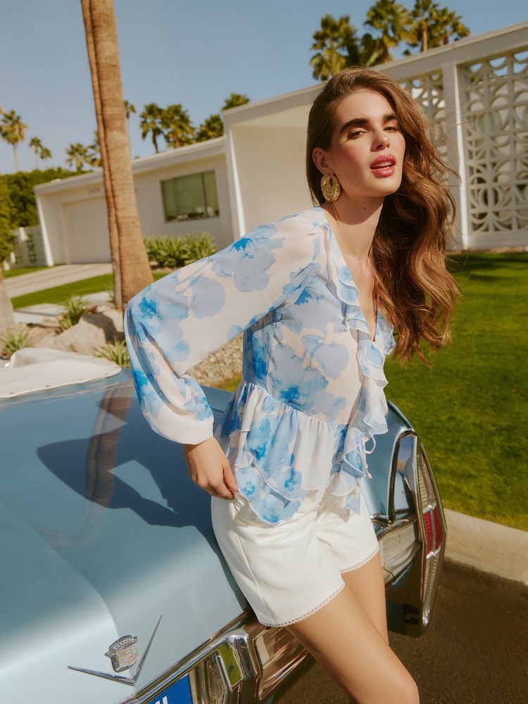 Friends Like These Blue Long Sleeve Ruffle Front Blouse - Image 5 of 5