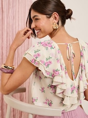 Friends Like These Cream Floral Petite Short Sleeve Ruffle Blouse - Image 2 of 4