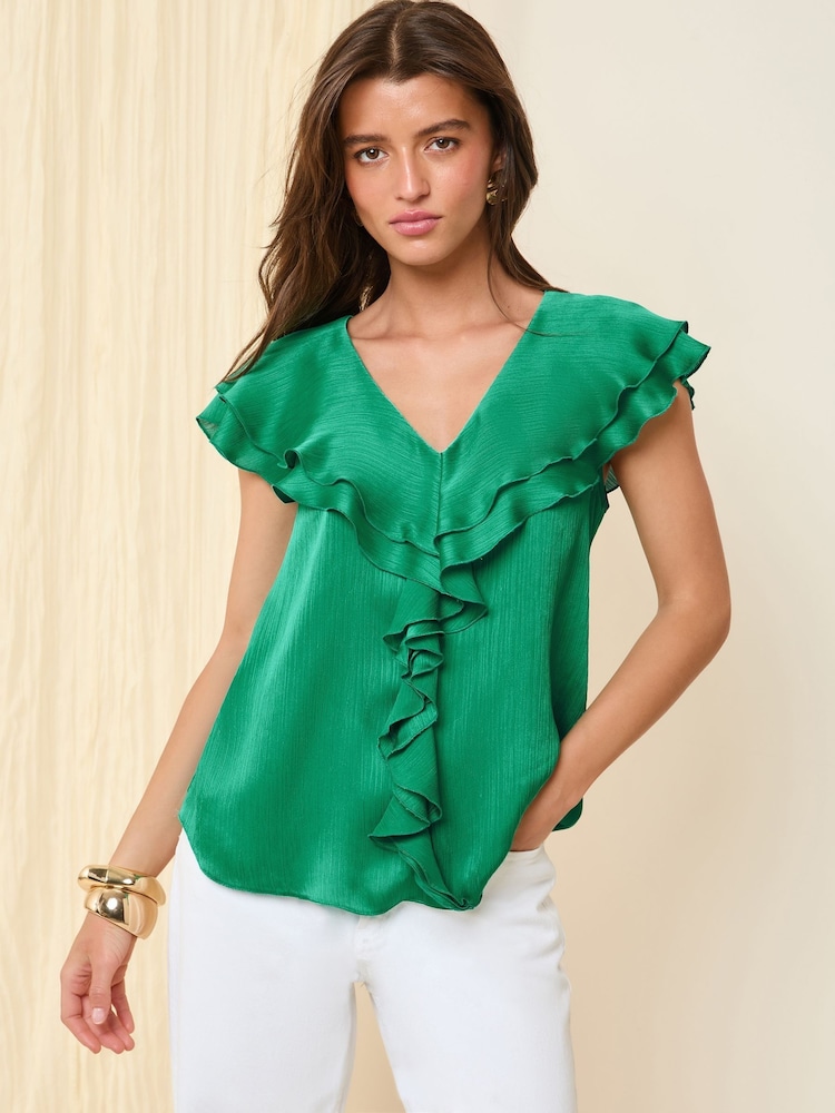 Friends Like These Green Petite Short Sleeve Ruffle Blouse - Image 2 of 4