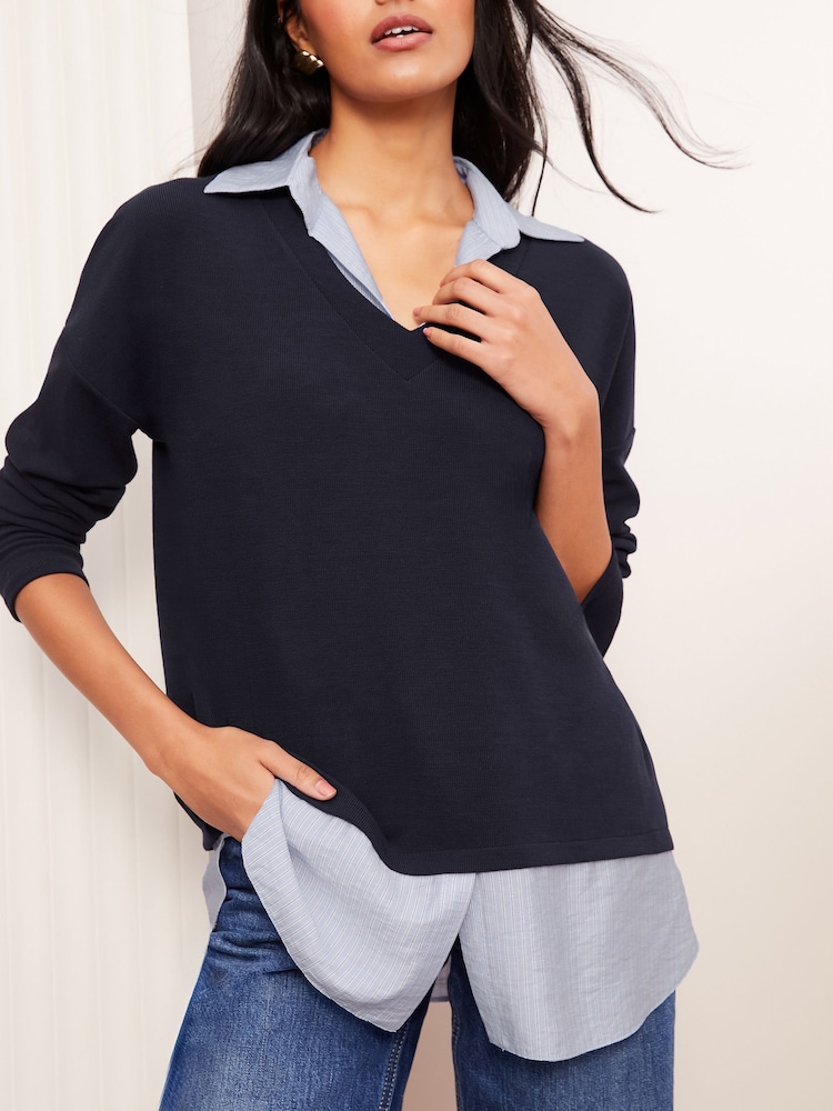 Friends Like These Navy 2-in-1 Poplin Collar Top - Image 1 of 4