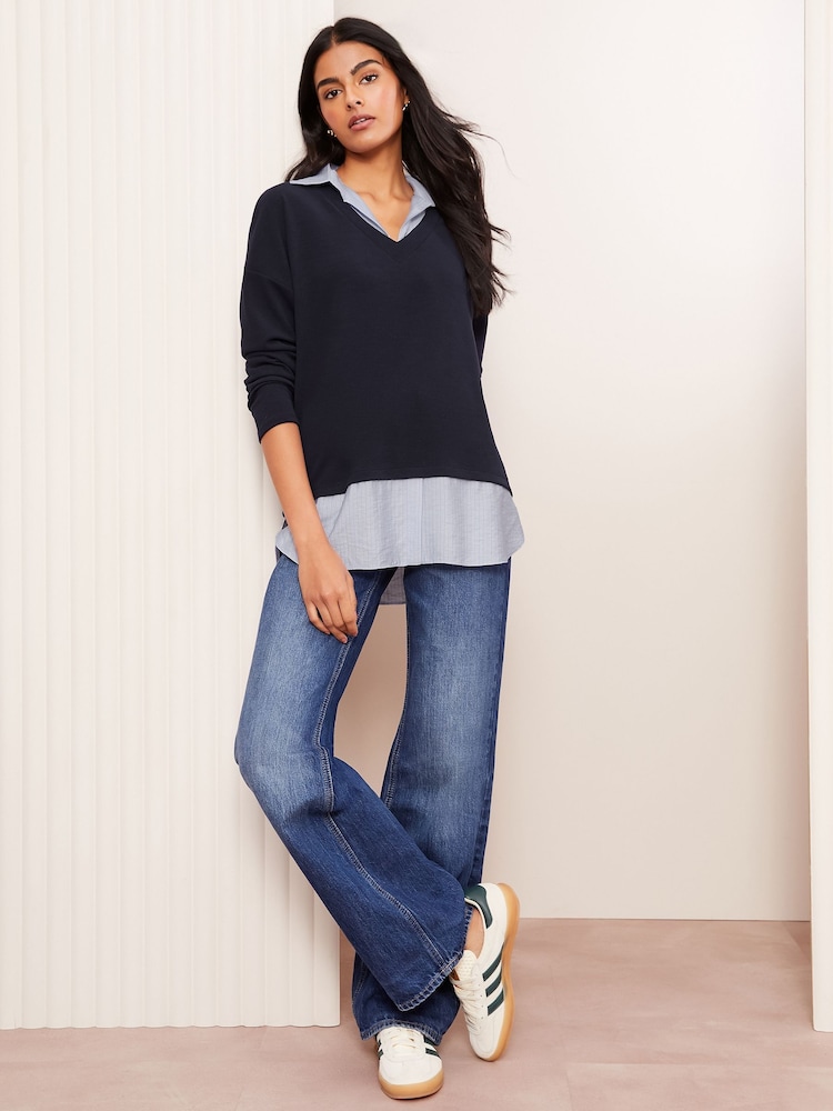 Friends Like These Navy 2-in-1 Poplin Collar Top - Image 2 of 4