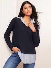Friends Like These Navy 2-in-1 Poplin Collar Top - Image 3 of 4