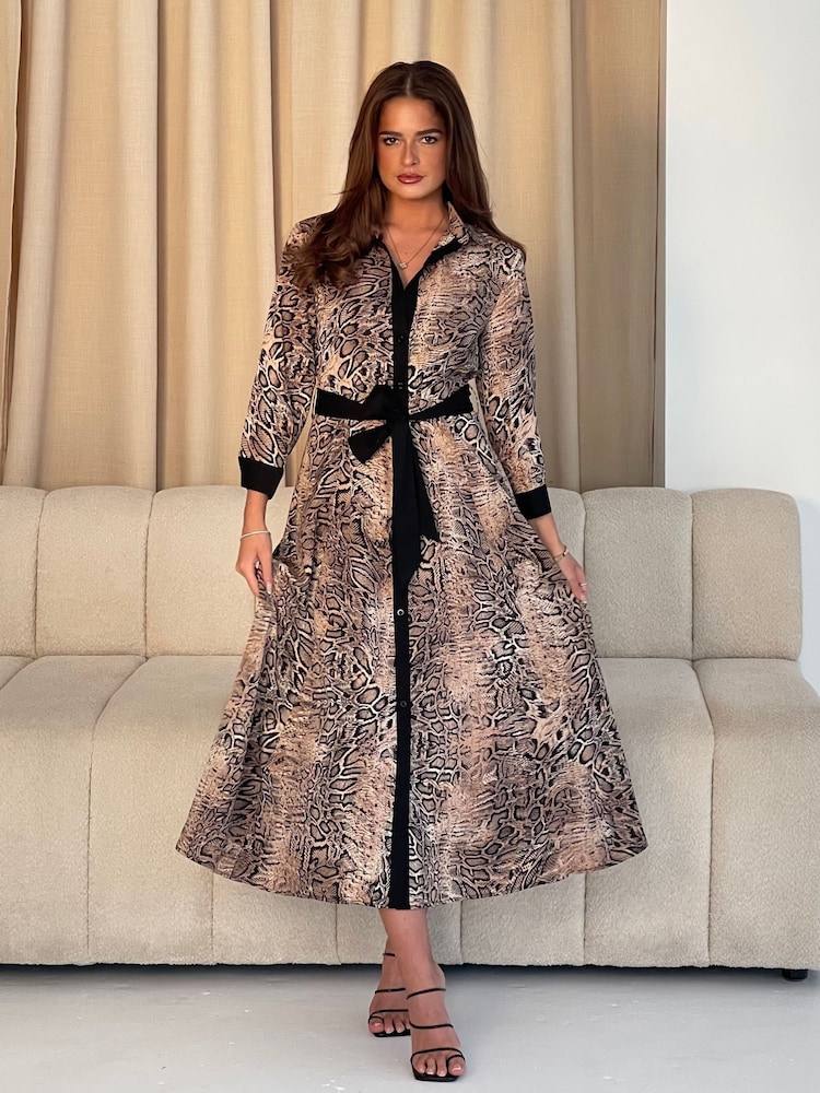 Girl In Mind Snake Print Angela Tie Front Shirt Dress - Image 1 of 6