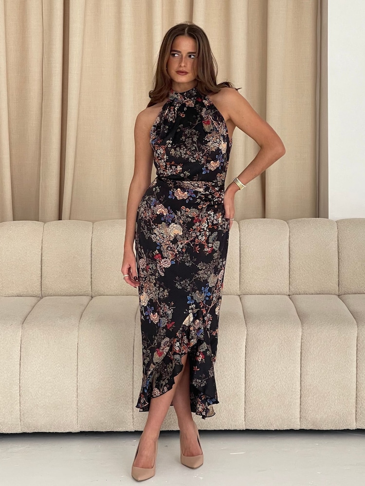 Girl In Mind Black Amani Ruched Halter Neck Midi Dress - Image 2 of 6