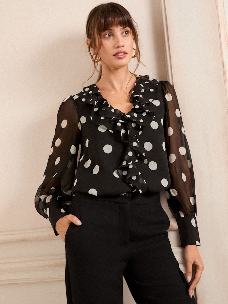 Love & Roses Black & White Ruffle Detail V-Neck Long Sleeve Blouse - Image 1 of 4