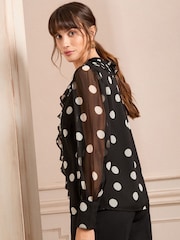 Love & Roses Black & White Ruffle Detail V-Neck Long Sleeve Blouse - Image 2 of 4