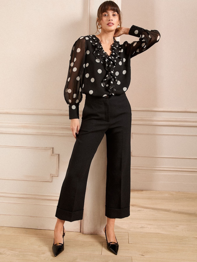 Love & Roses Black & White Ruffle Detail V-Neck Long Sleeve Blouse - Image 3 of 4