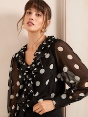 Love & Roses Black & White Ruffle Detail V-Neck Long Sleeve Blouse - Image 4 of 4