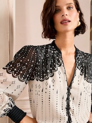 Love & Roses Black/White Printed Notch Neck Button Detail Long Sleeve Blouse - Image 2 of 5
