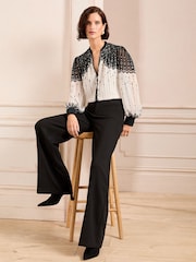 Love & Roses Black/White Printed Notch Neck Button Detail Long Sleeve Blouse - Image 3 of 5