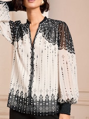 Love & Roses Black/White Printed Notch Neck Button Detail Long Sleeve Blouse - Image 4 of 5