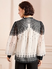 Love & Roses Black/White Printed Notch Neck Button Detail Long Sleeve Blouse - Image 5 of 5