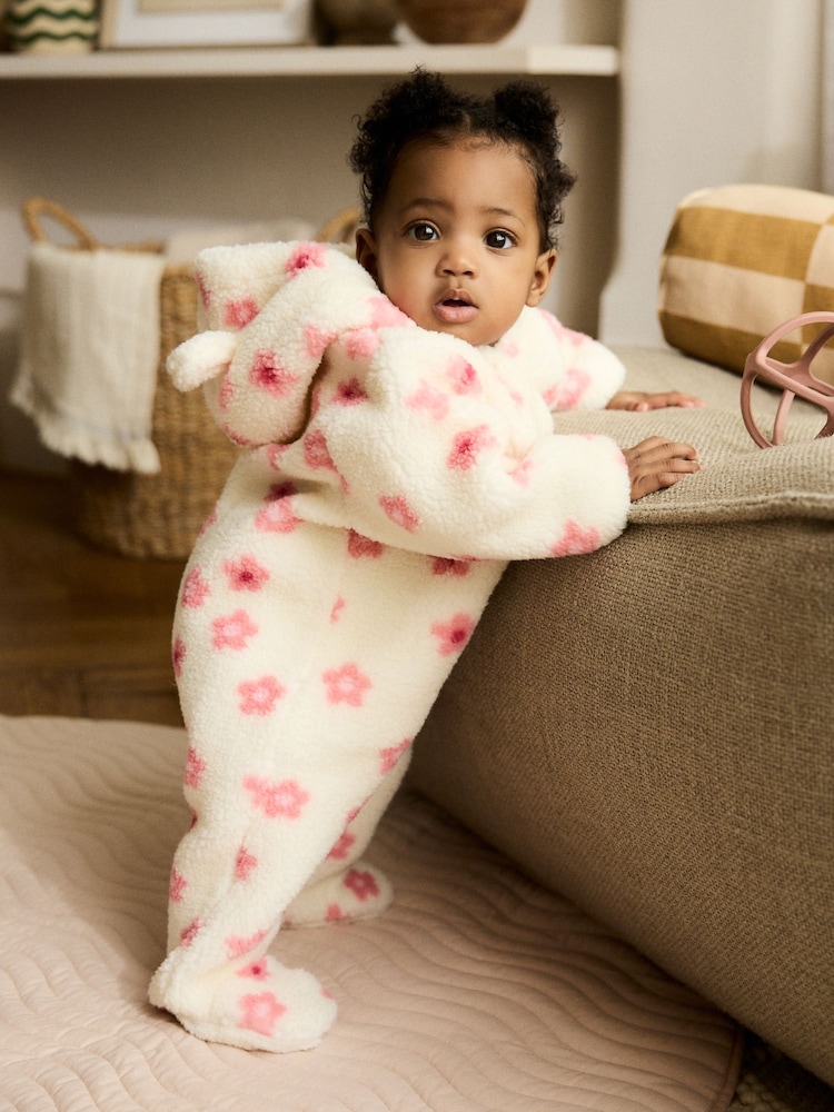 Ecru and Pink Floral - Baby Borg Hooded Pramsuit (0mths-2yrs) - Bild 1 von 10
