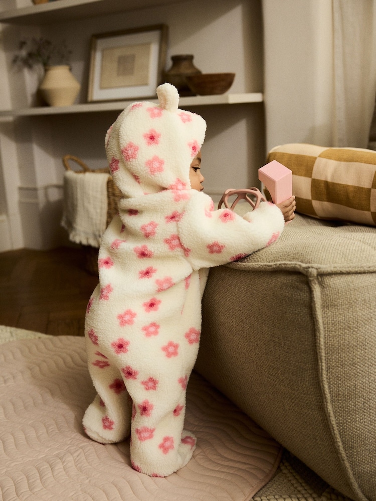 Ecru and Pink Floral - Baby Borg Hooded Pramsuit (0mths-2yrs) - Bild 2 von 10