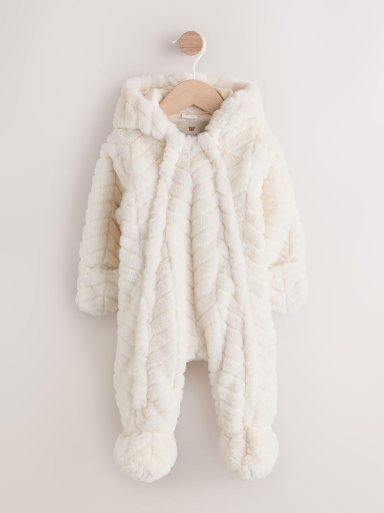 White Baby Faux Fur Hooded Pramsuit (0mths-2yrs) - Image 1 of 9 White Baby Faux Fur Hooded Pramsuit (0mths-2yrs) - Image 1 of 9