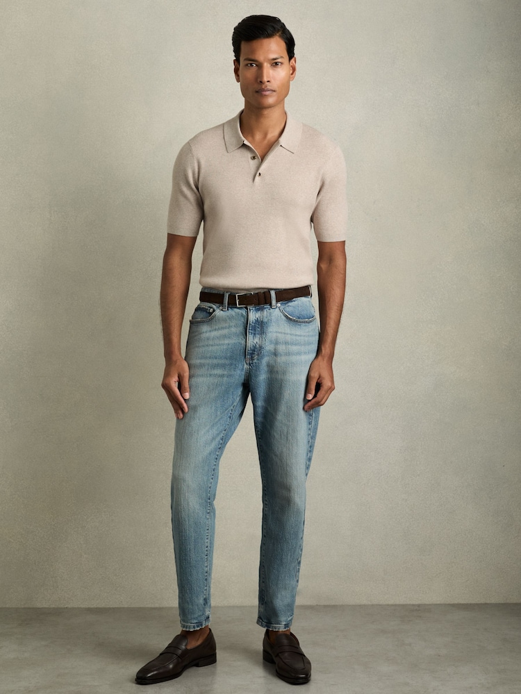 Reiss Oatmeal Berch Fine-Rib Short-Sleeve Polo Shirt - Image 1 of 6