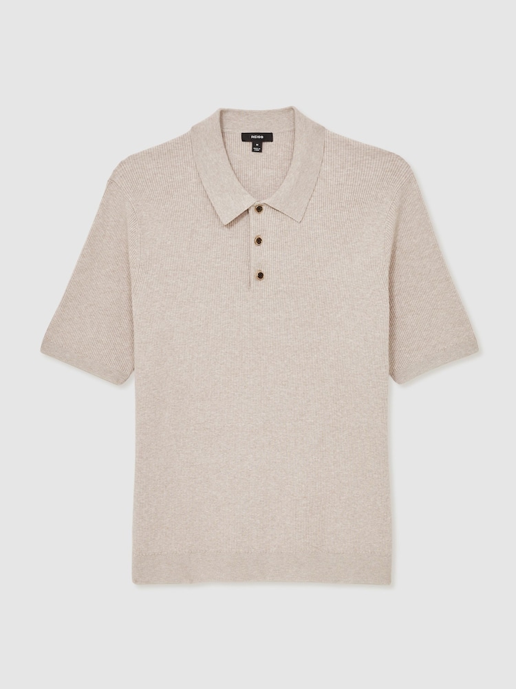 Reiss Oatmeal Berch Fine-Rib Short-Sleeve Polo Shirt - Image 2 of 6