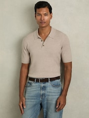 Reiss Oatmeal Berch Fine-Rib Short-Sleeve Polo Shirt - Image 3 of 6