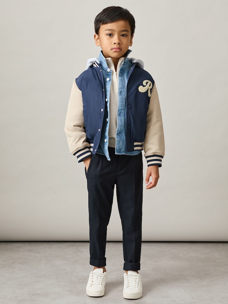 Reiss Airforce Blue/Off White Fred 13-14 yrs Logo Patch Hooded Varsity Jacket - Image 2 of 6
