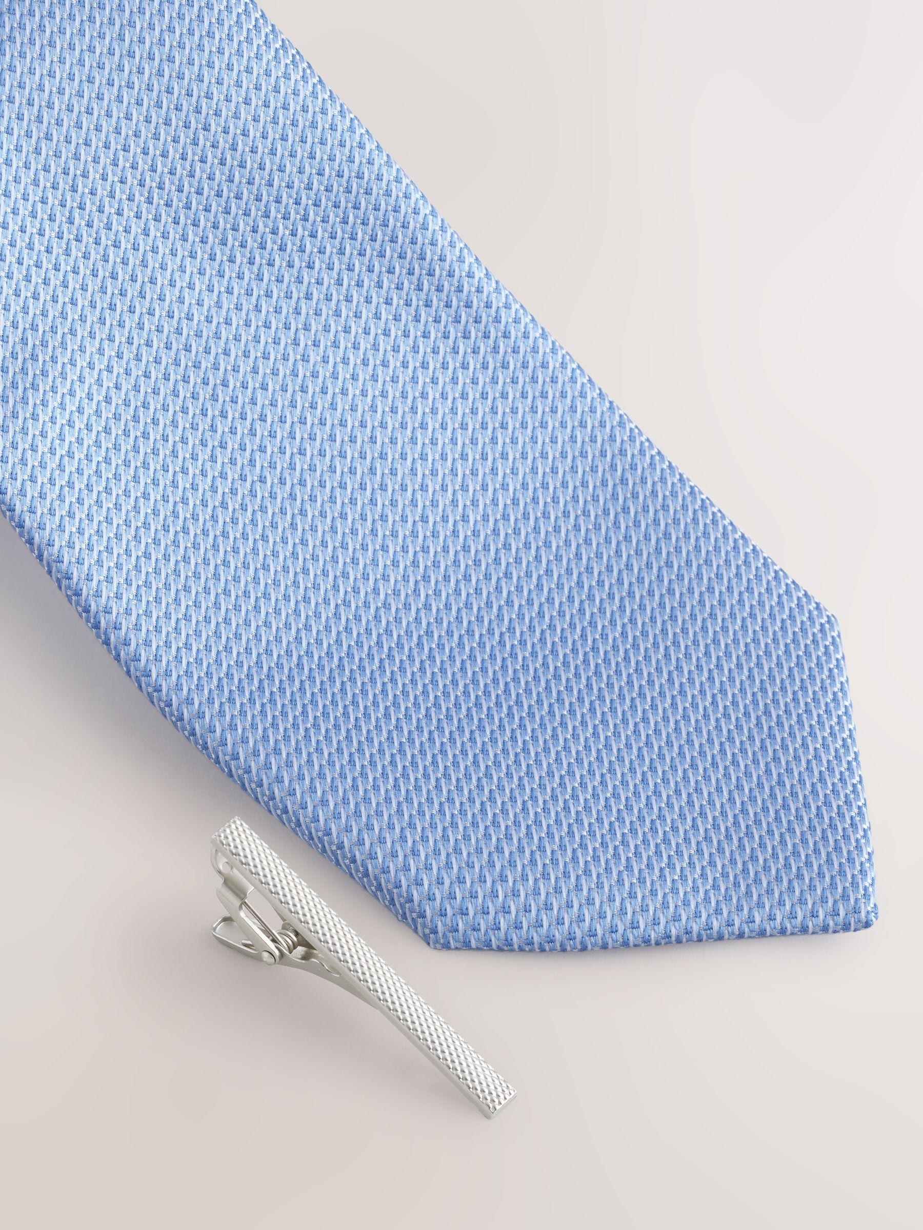 Buy Blue Textured Tie with Tie Clip from Next Romania