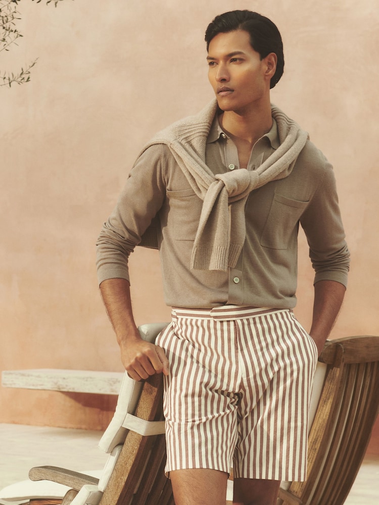 Reiss Off White/Mocha Roas Cotton Blend Seersucker Stripe Shorts - Image 1 of 7