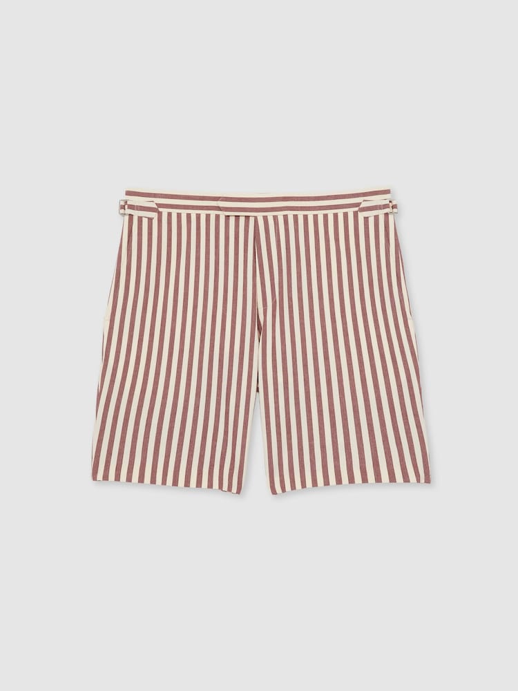 Reiss Off White/Mocha Roas Cotton Blend Seersucker Stripe Shorts - Image 2 of 7
