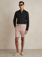Reiss Off White/Mocha Roas Cotton Blend Seersucker Stripe Shorts - Image 3 of 7
