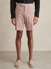 Reiss Off White/Mocha Roas Cotton Blend Seersucker Stripe Shorts - Image 4 of 7